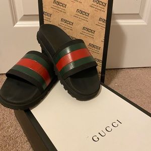 Red, Green, and Black Gucci Slides